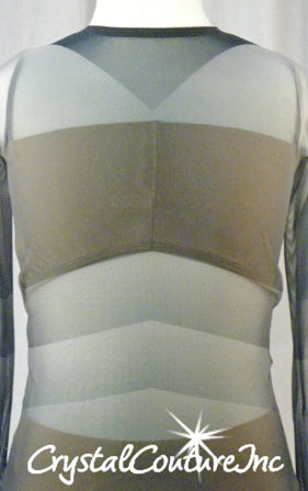 Gray Sheer Mesh Gradient Stripe Long-Sleeve Leotard