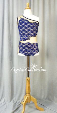 Navy Blue Floral Lace and Nude Mesh Asymmetrical Leotard