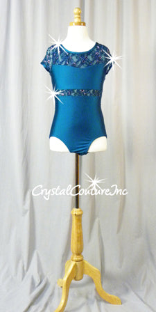 Teal Short-Sleeved Lycra Leotard with Floral Lace and Swarovski Rhinestones