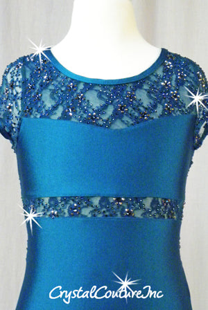 Teal Short-Sleeved Lycra Leotard with Floral Lace and Swarovski Rhinestones