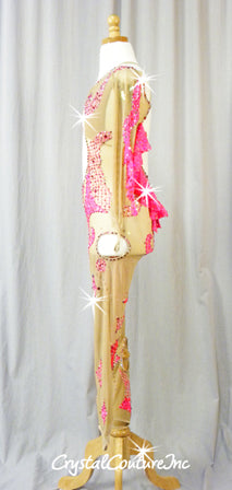 Nude Sheer Mesh with Hot Pink Unitard with Cut-Outs - Swarovski Rhinestones