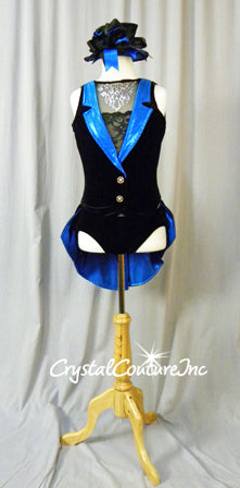 Black Velour Leotard Sheer Mesh Inset/Blue Collar with Back Skirt/Tails