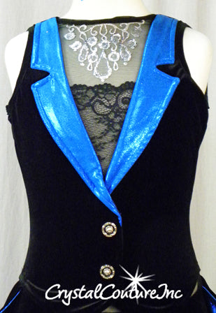 Black Velour Leotard Sheer Mesh Inset/Blue Collar with Back Skirt/Tails