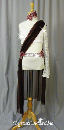 White with Burgundy Sheer Mesh Connected Crop Top and Brief/Mesh Skirt - Swarovski Rhinestones