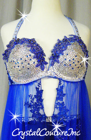 Blue 2 Piece Top with Blue Sheer Mesh Skirt and Trunks - Swarovski Rhinestones