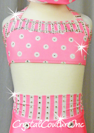 Custom Pink and White Polka Dot/Stripe Halter Top and High-waist Brief - Swarovski Rhinestones