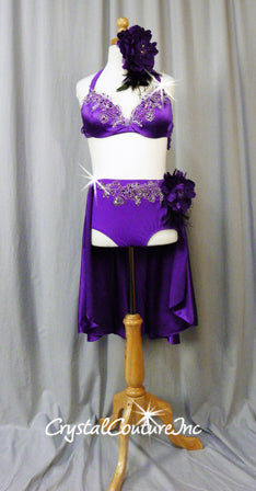 Purple 2-Piece Bra Top and Trunks/Back Skirt with Flowers and Applique