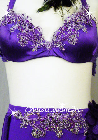 Purple 2-Piece Bra Top and Trunks/Back Skirt with Flowers and Applique