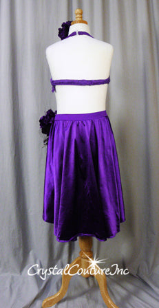 Purple 2-Piece Bra Top and Trunks/Back Skirt with Flowers and Applique