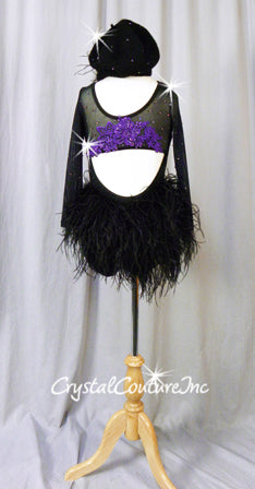 BlackPurple Long Sleeve Leotard with Purple Appliques and Feather Bustle - Swarovski Rhinestones