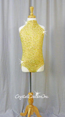 Yellow/Nude High-Neck Floral Lace Leotard with Mesh Back - Swarovski Rhinestones