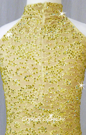 Yellow/Nude High-Neck Floral Lace Leotard with Mesh Back - Swarovski Rhinestones