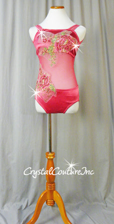 Custom Pink Lycra and Sheer Mesh Leotard with Floral Appliques - Swarovski Rhinestones