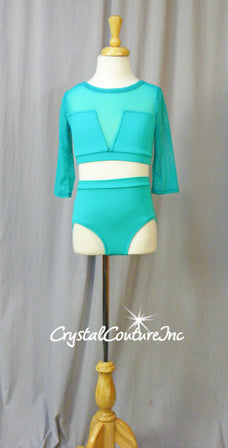 Teal Blue 2 Piece Crop Top and Trunks with Mesh Inserts