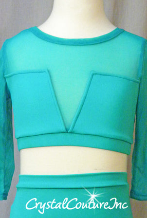 Teal Blue 2 Piece Crop Top and Trunks with Mesh Inserts