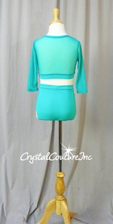 Teal Blue 2 Piece Crop Top and Trunks with Mesh Inserts
