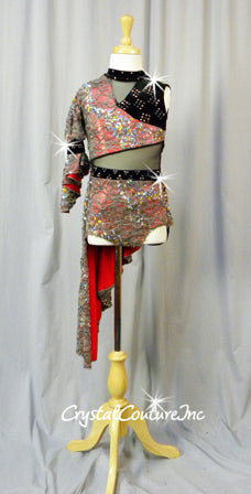 Silver Sequin Mesh 3/4 Sleeve Leotard Lined with Red - Back Asymmetrical Skirt - Swarovski Rhinestones