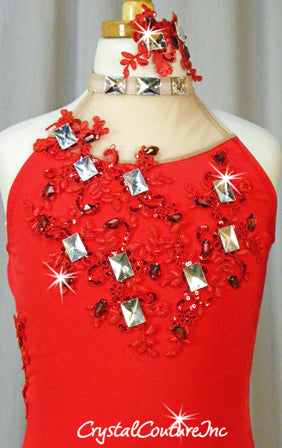 Red Mock Neck Leotard with Embroidered Appliques - Swarovski Sew-On Stones