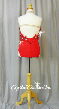 Red Mock Neck Leotard with Embroidered Appliques - Swarovski Sew-On Stones