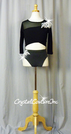 Black 2 Piece Crop Top and Trunks with White Embroidered Appliques