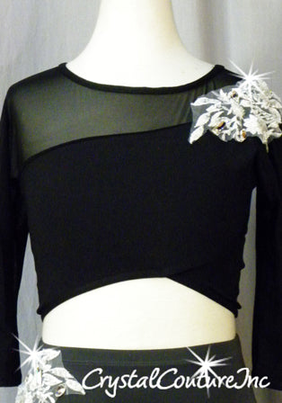 Black 2 Piece Crop Top and Trunks with White Embroidered Appliques