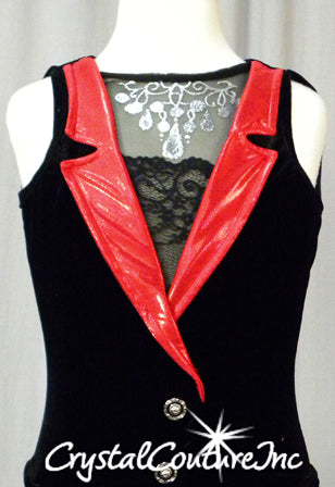 Black Velour Leotard Sheer Mesh Inset/Red Collar with Back Skirt/Tails
