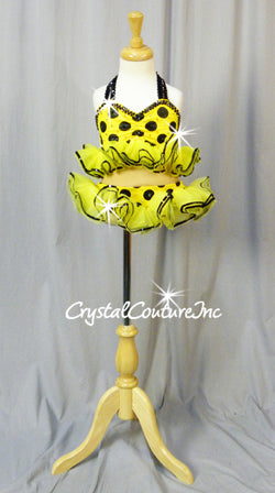 Yellow/Black Polka Dot Connected 2 Piece Halter Top and Ruffled Skirt/Briefs - Swarovski Rhinestones