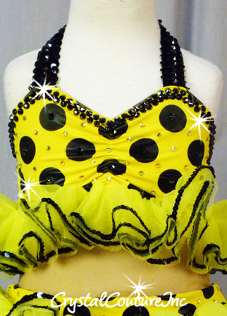 Yellow/Black Polka Dot Connected 2 Piece Halter Top and Ruffled Skirt/Briefs - Swarovski Rhinestones
