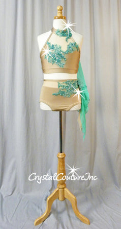 Nude Top and Trunk with Turquoise Embroidered/Beaded Appliques