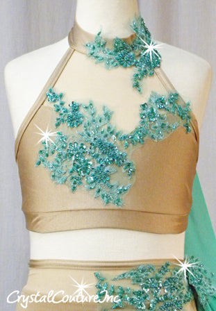 Nude Top and Trunk with Turquoise Embroidered/Beaded Appliques