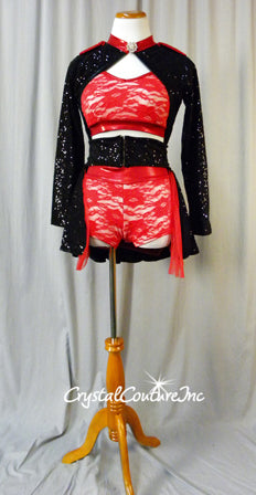 Red Floral Lace Crop Top and Booty Shorts with Black Zsa Zsa Sequin Jacket