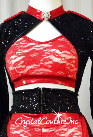 Red Floral Lace Crop Top and Booty Shorts with Black Zsa Zsa Sequin Jacket