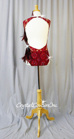 Burgundy Open Net Lace Leotard with Embroidered Appliques and Feathers - Swarovski Rhinestones