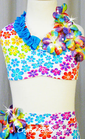 Multi-Colored Flower Printed 2 Piece Halter Top and Trunks - Swarovski Rhinestones