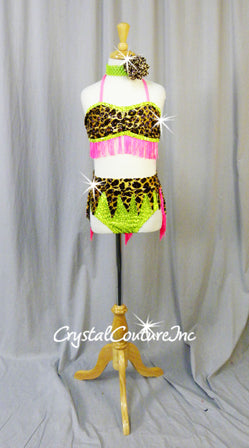 Custom Animal Print Top & Skirt with Neon Green  - Swarovski Rhinestones
