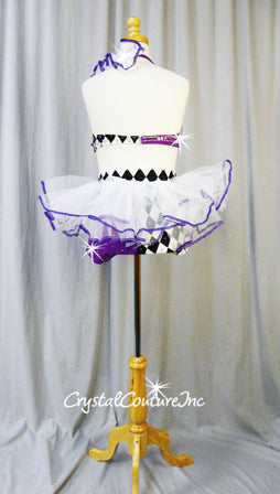 Custom Purple with White/Black 3 Piece Halter Top, Booty Shorts, and Tulle Skirt - Swarovski Rhinestones
