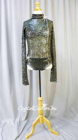 Graphite Open Net/Sequin Long Sleeve Leotard with Metal Buckles and Chains