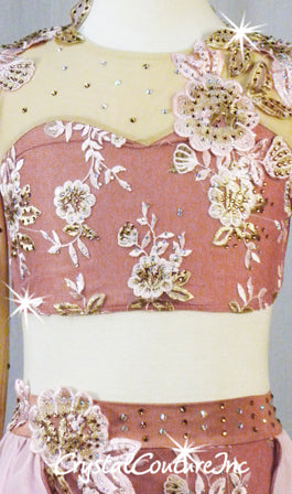 Dusty Pink, Lt Pink ad Nude Top and Trunks/Back Skirt with Embroidered Appliques - Rhinestones