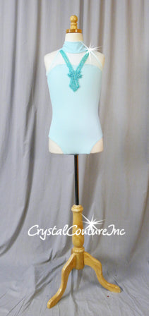Lt Turquoise Blue Leotard with Sheer Mesh and Sequin/Bead Applique