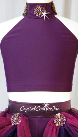 Purple 2 Piece Crop Top and Booty Shorts with Sheer Mesh Back Skirt