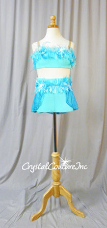 Lt Turquoise Blue 2 Piece Top and High -Waist Booty Shorts with Sheer Back Skirt