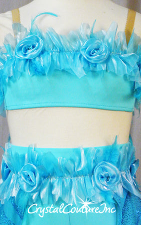 Lt Turquoise Blue 2 Piece Top and High -Waist Booty Shorts with Sheer Back Skirt