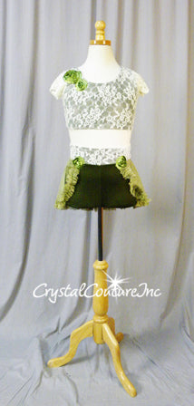 Olive Green and Ivory Lace 2 Piece Crop Top and Booty Shorts/Sheer Skirt