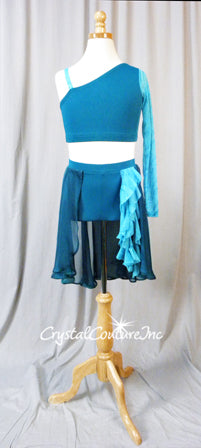 Dark Teal Blue 2 Piece Asymmetrical Top and Booty Shorts/Chiffon Skirt