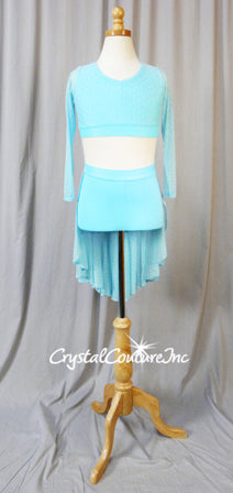 Lt Turquoise Blue 2 Piece Crop Top and Booty Shorts w/Sheer Back Skirt