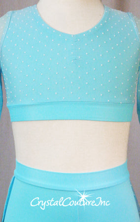 Lt Turquoise Blue 2 Piece Crop Top and Booty Shorts w/Sheer Back Skirt