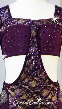 Purple Floral Sequin Lace Connected Long Sleeve Top and Trunks - Swarovski Rhinestones