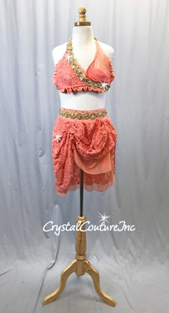 Coral/Orange 2 Piece Bra Top and High-Low Skirt/Trunks - Swarovski Rhinestones