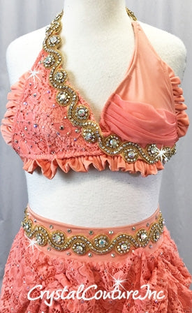 Coral/Orange 2 Piece Bra Top and High-Low Skirt/Trunks - Swarovski Rhinestones