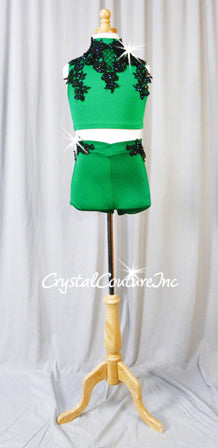 Custom Green 2 Piece Top and Booty Shorts w/Black Appliques - Swarovski Rhinestones